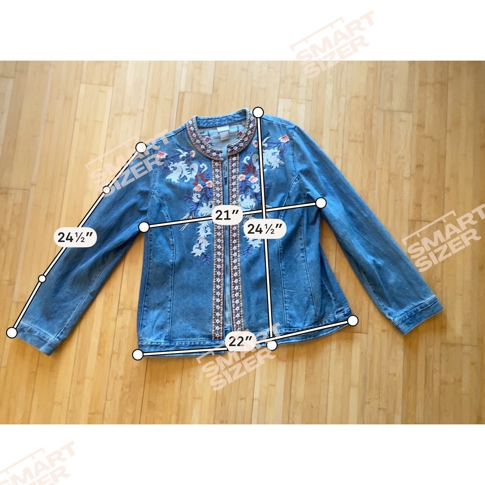 Chico's Denim Jacket Size 2 Large Embroidered Blue‎ Boho Western Open Festival - Picture 9 of 9